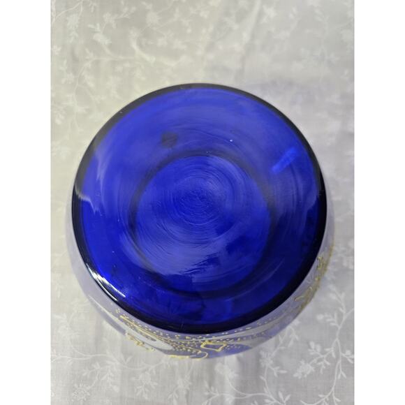 Bohemian Art Glass Short Vase in Cobalt Blue with Enameled Flowers & Gold Detail - Picture 5 of 10